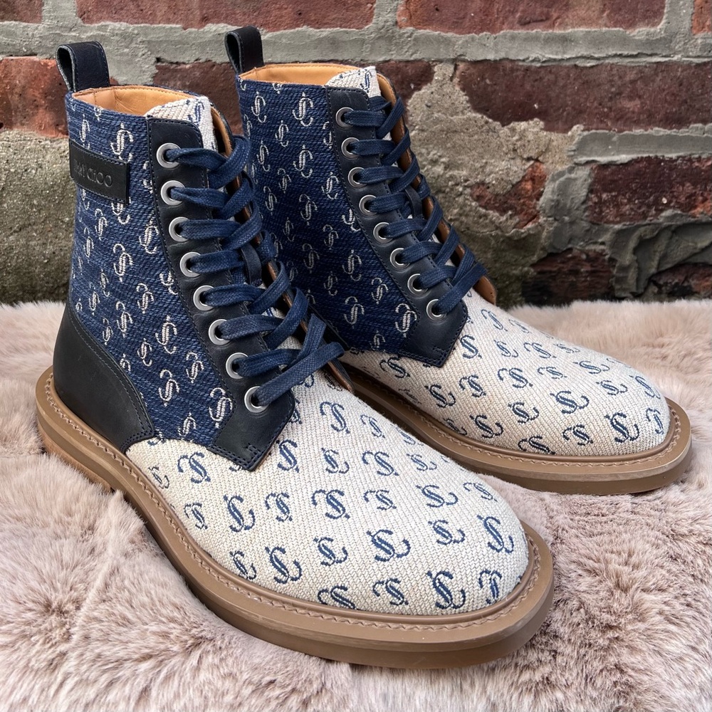 NEW Size 39.5 Jimmy Choo Turing/M Sand Dune Navy Logo Print Combat Moto Boots